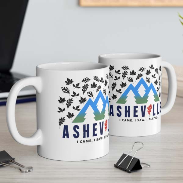 asheville i c ame i saw i played mountains and leaves logo wholesale mug